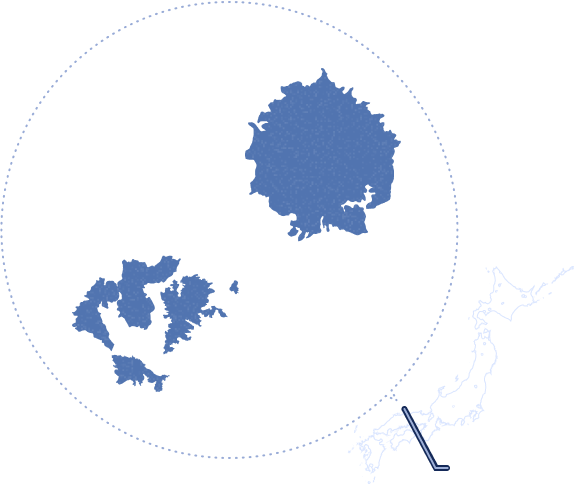 On the map of the Oki Islands, Okinoshima Town (Dōgo Island) is located in the north, and Nishinoshima Town (Nishinoshima Island), Ama Town (Nakanoshima Island) and Chibu Village (Chiburijima Island) are located in the south.