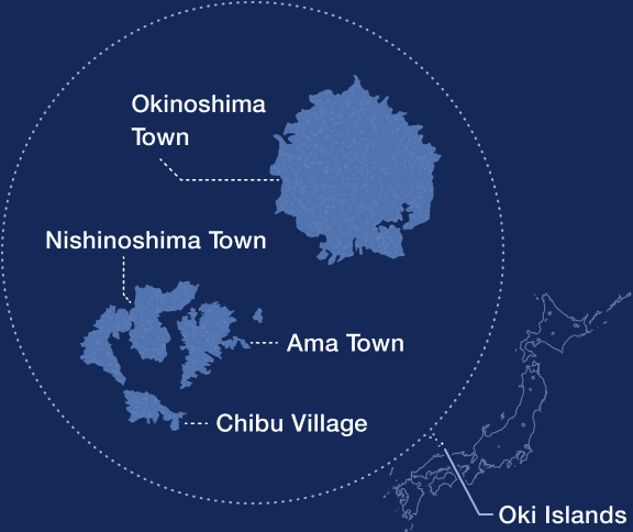On the map of the Oki Islands, Okinoshima Town is located in the north, and Nishinoshima Town, Ama Town and Chibu Village are located in the south.